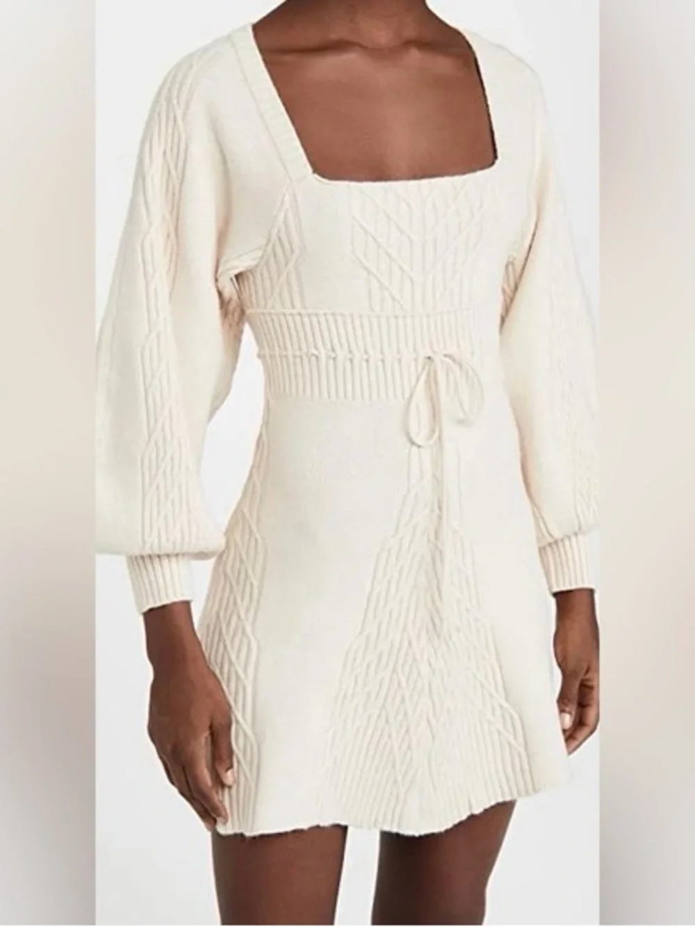 Free People Emmaline Mini Sweater Dress in Ivory Cream L Large Bishop Sleeve